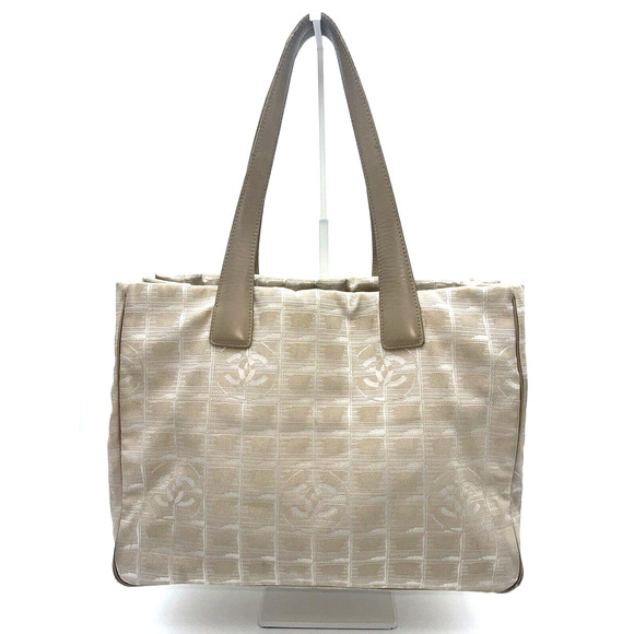 Authentic CHANEL Bag Travel Line Tote Beige Nylon Jacquard & Leather CC Mongram - Picture 1 of 16